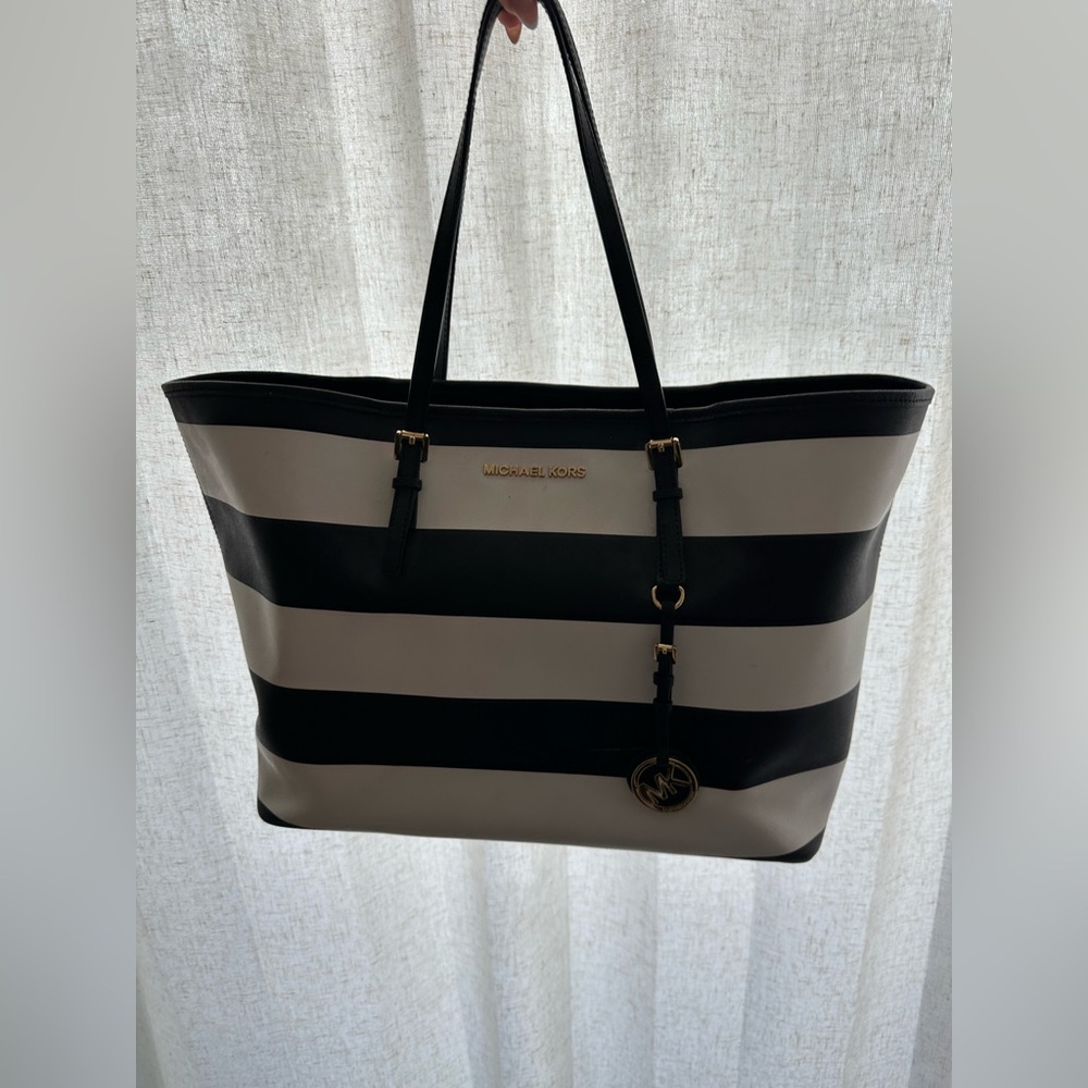 Michael Kors Black and White Horizontal Stripe Tote